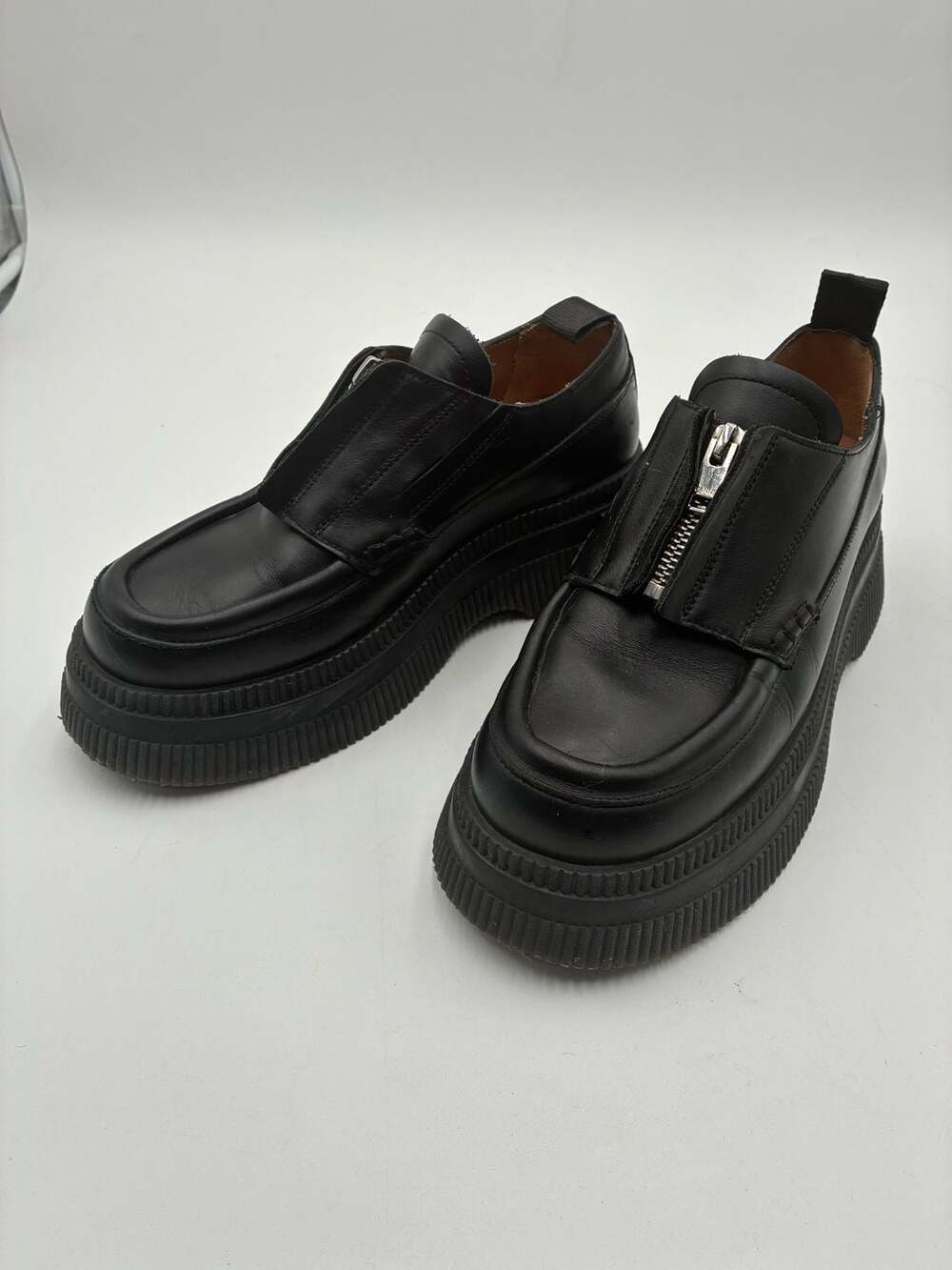 Ganni Black Leather Zip-Front Platform Loafers Size 38